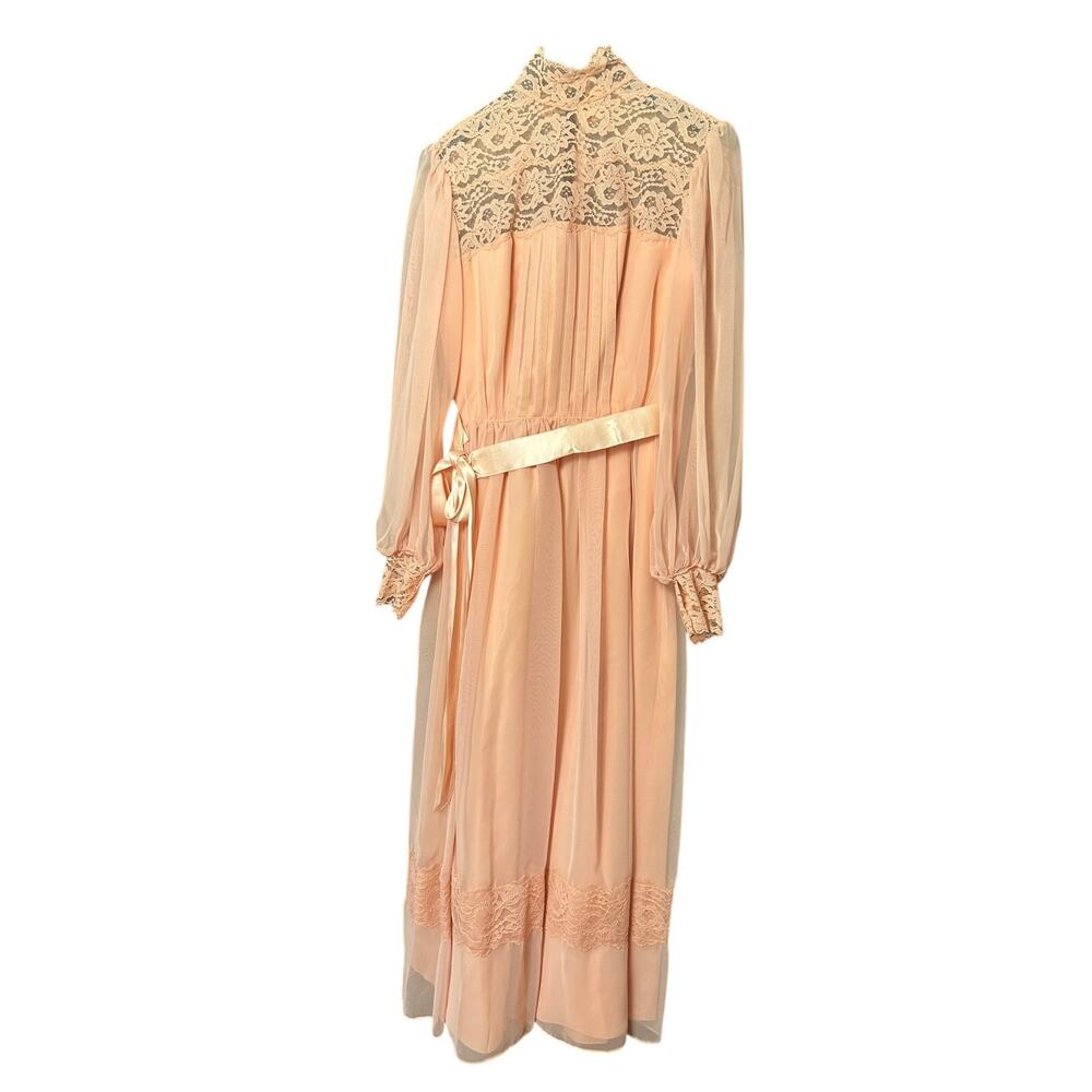 VTG 70s Handmade Peach Lace Maxi Dress Sheer Bishop Sleeve Boho Prairie XS